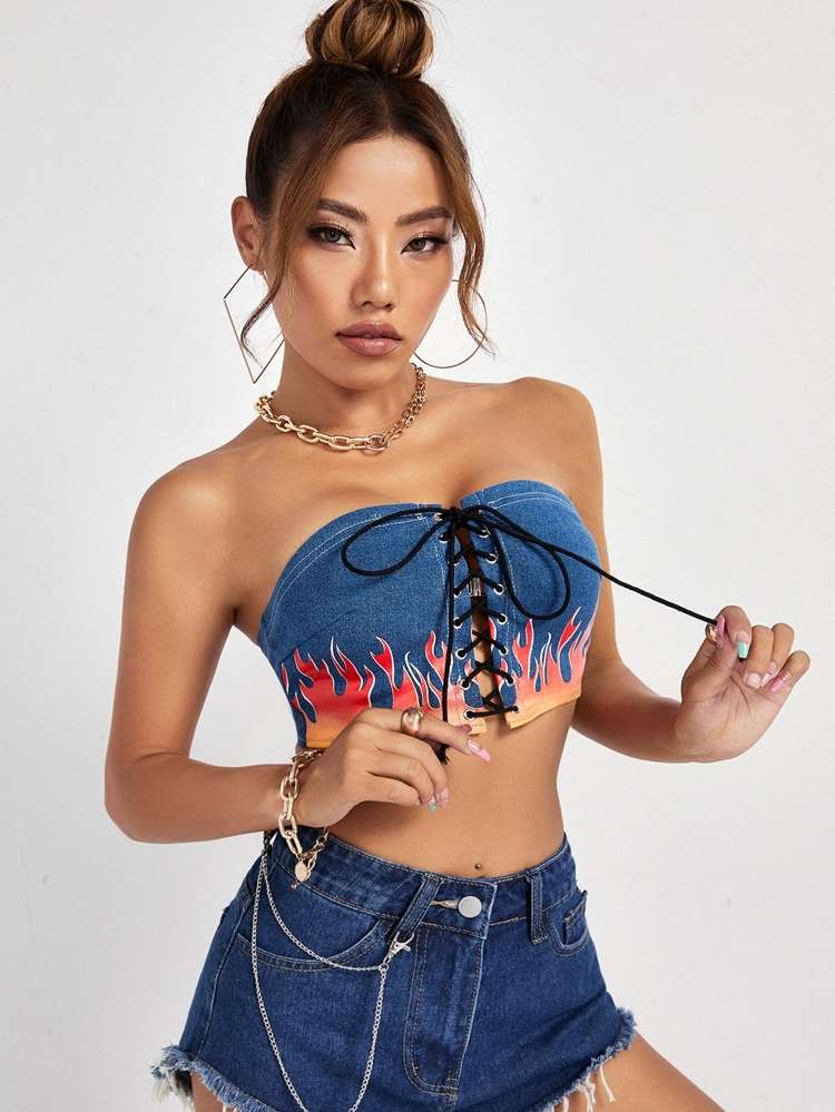  Medium Wash Strapless Sleeveless Women Denim Tops 556