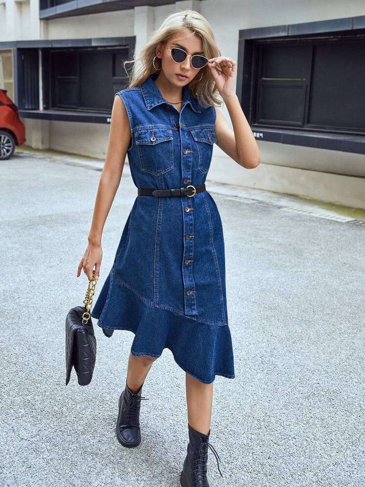 Midi Casual Ruffle Hem Sleeveless Women Denim 8015