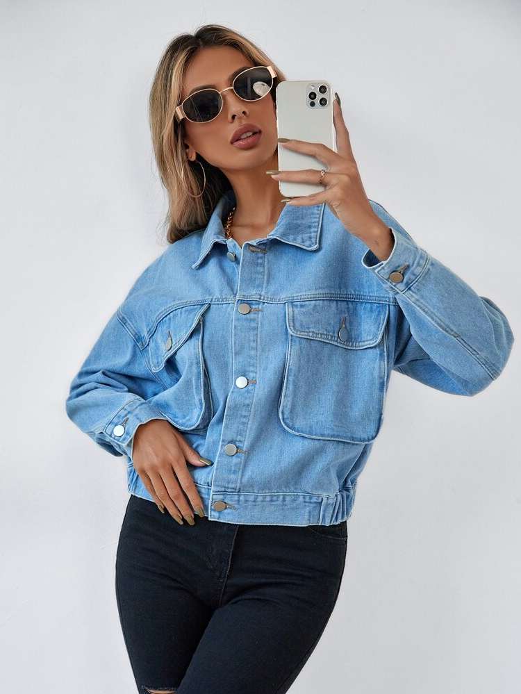 Plain Medium Wash Crop Casual Women Denim Jackets  Coats 8086