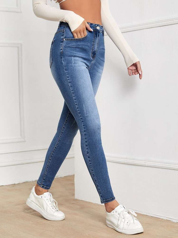  Plain Medium Wash Skinny Women Jeans 324