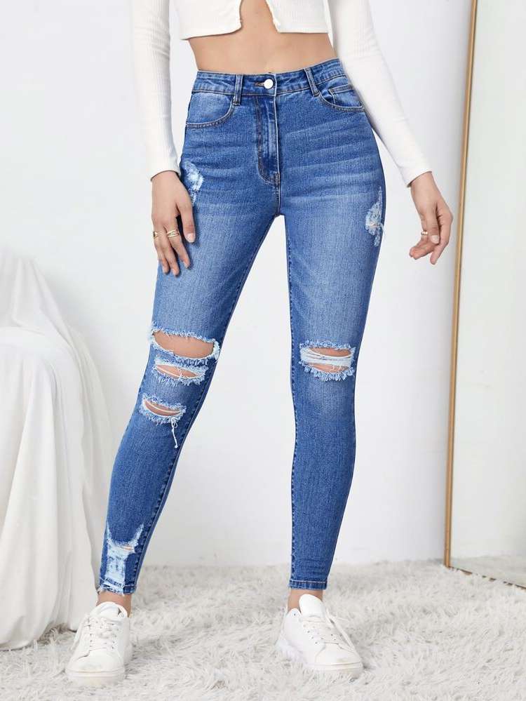 Medium Wash Plain Ripped Women Denim 8208