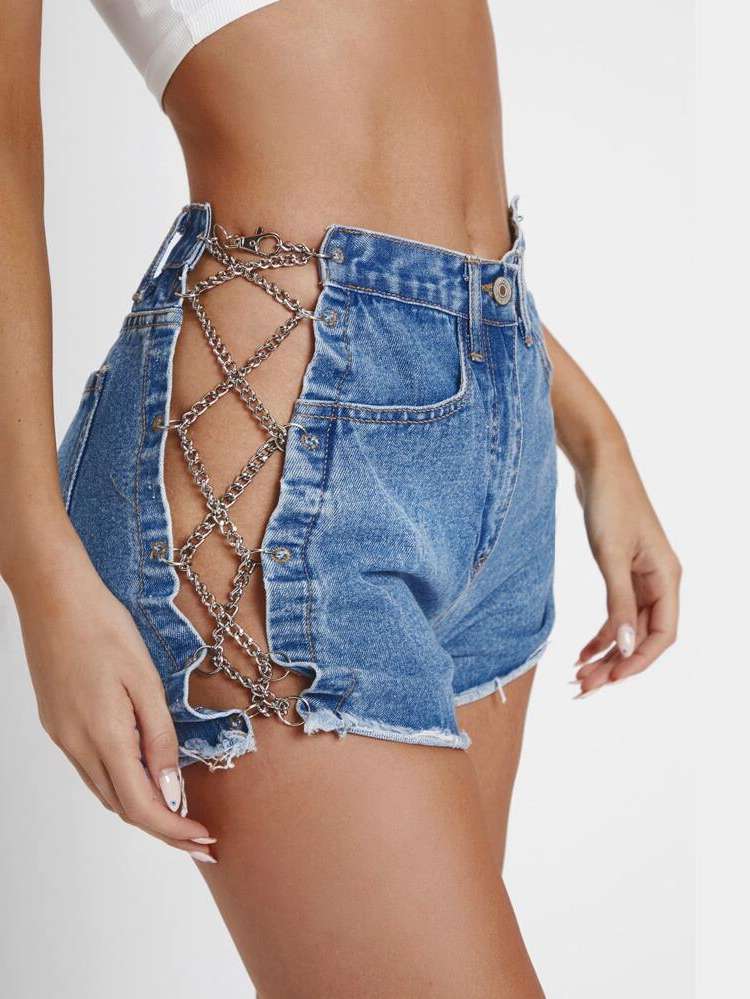 Regular Fit Lace Up  Women Denim Shorts 8267