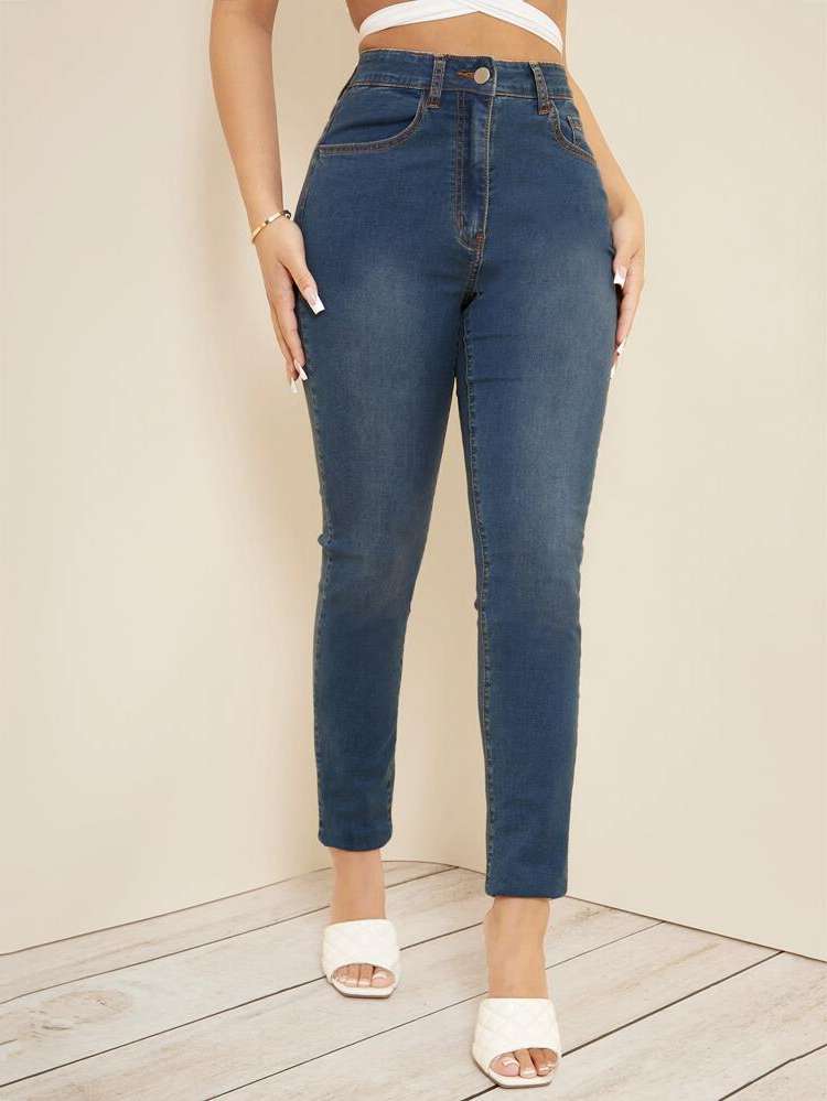 Plain Cropped Skinny Women Jeans 8514