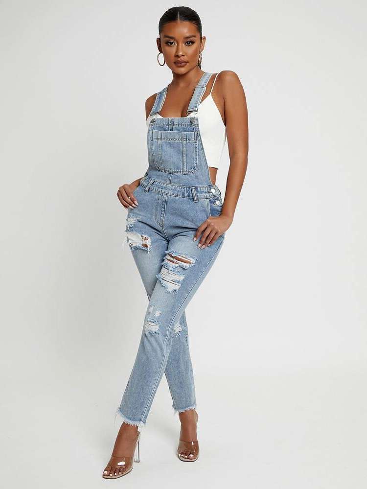 Regular Fit Plain Medium Wash Sleeveless Women Denim Overalls  Jumpsuits 397