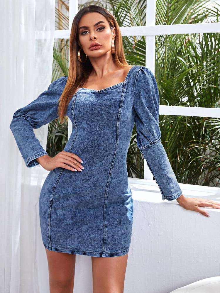 Long Sleeve Sexy Medium Wash Slim Fit Women Denim Dresses 4699