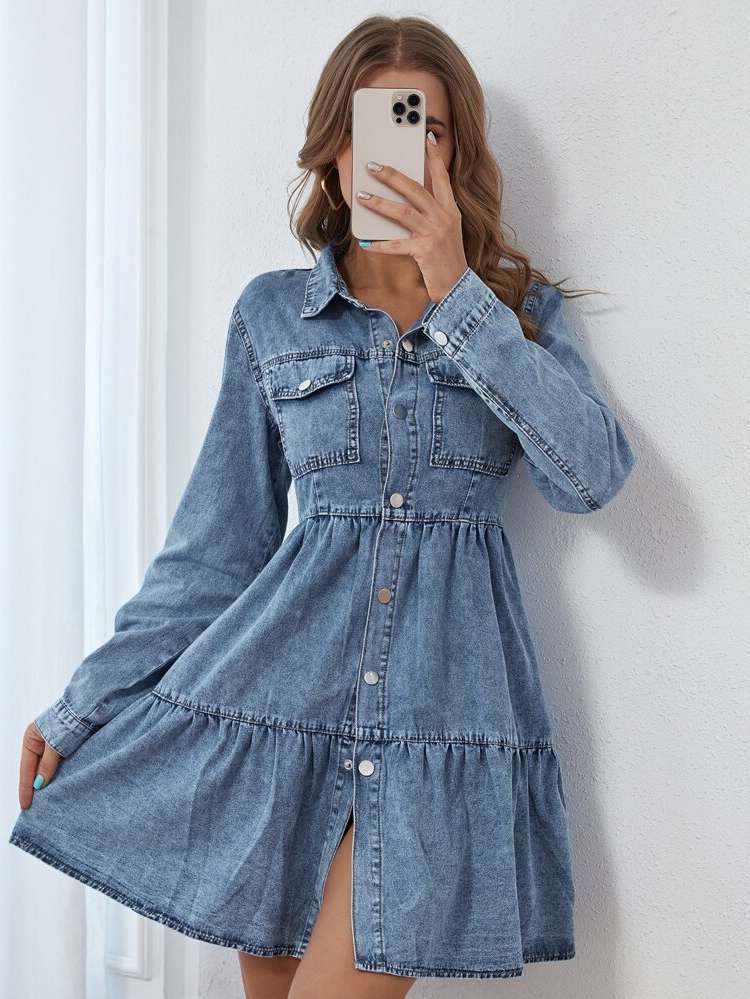 Casual Short Medium Wash Long Sleeve Women Denim Dresses 4956