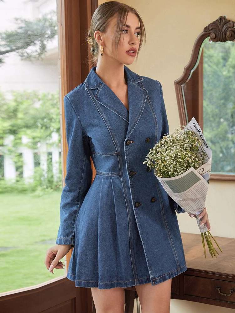  Regular Fit Lapel Long Sleeve Women Denim Dresses 1850