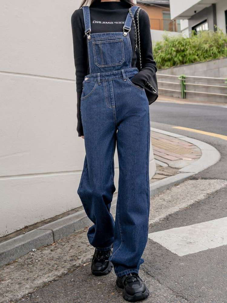  Plain Medium Wash Women Denim Overalls  Jumpsuits 2957