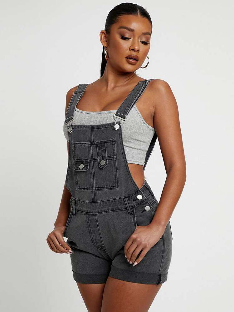 Straps Plain Preppy Regular Fit Women Denim Overalls  Jumpsuits 1246