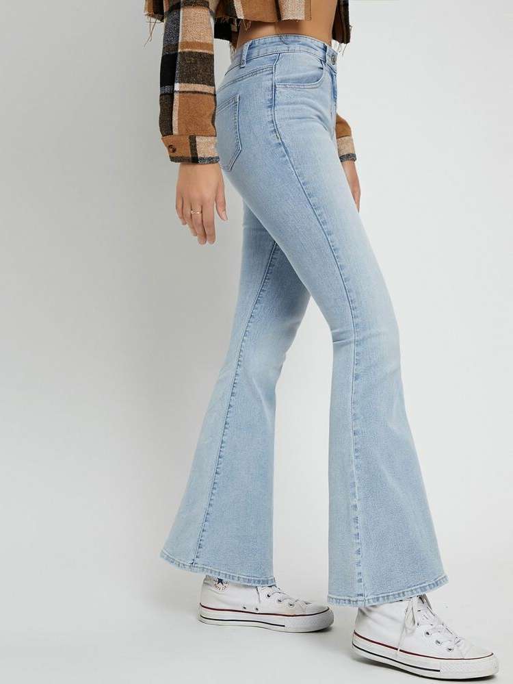 Plain Button Long Women Jeans 3994