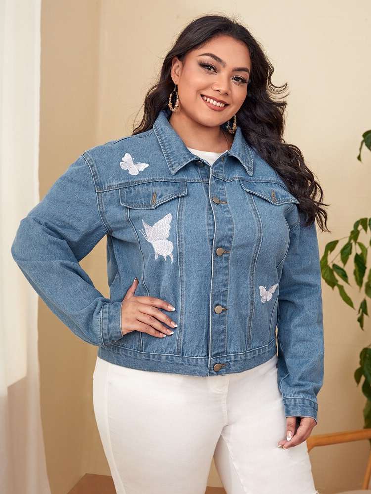 Collar Plain Regular Medium Wash Plus Size Denim Jackets 1544