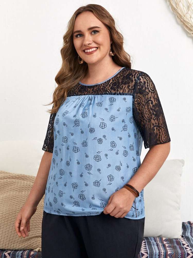 Colorblock Casual Regular Contrast Lace Plus Size Denim 3069