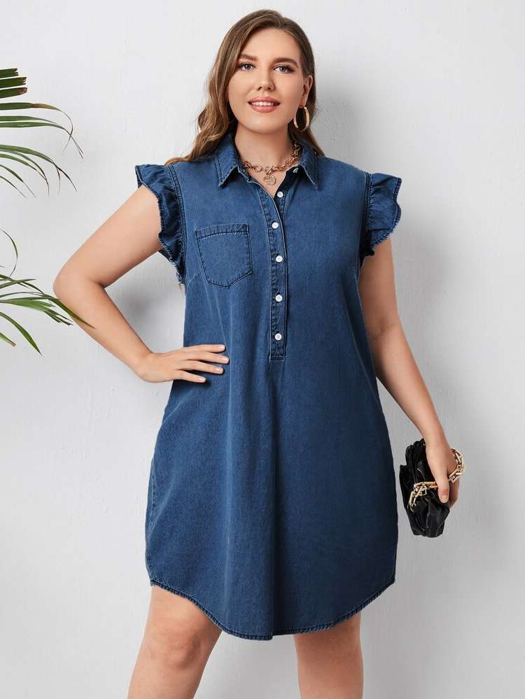  Medium Wash Button Regular Fit Plus Size Denim Dresses 5776