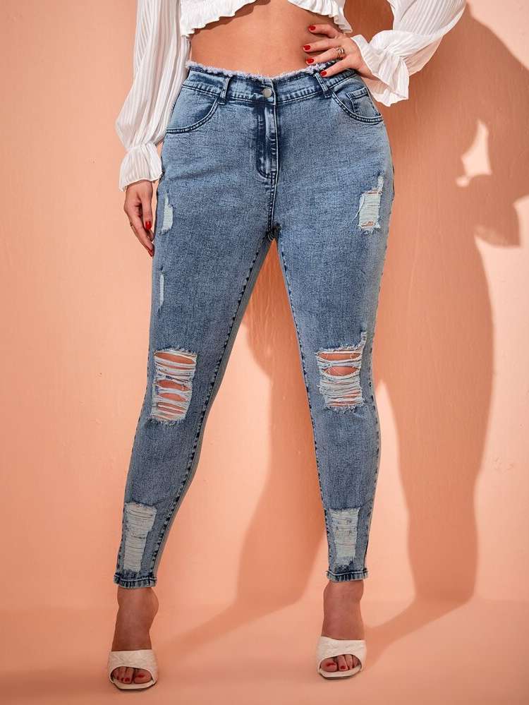 Skinny Ripped Medium Wash Plus Size Denim 9215