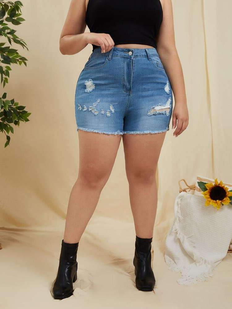  Skinny Plain Plus Size Denim Shorts 7244