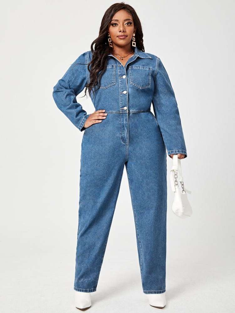  Plain Long Sleeve Collar Plus Size Denim Overalls 6641