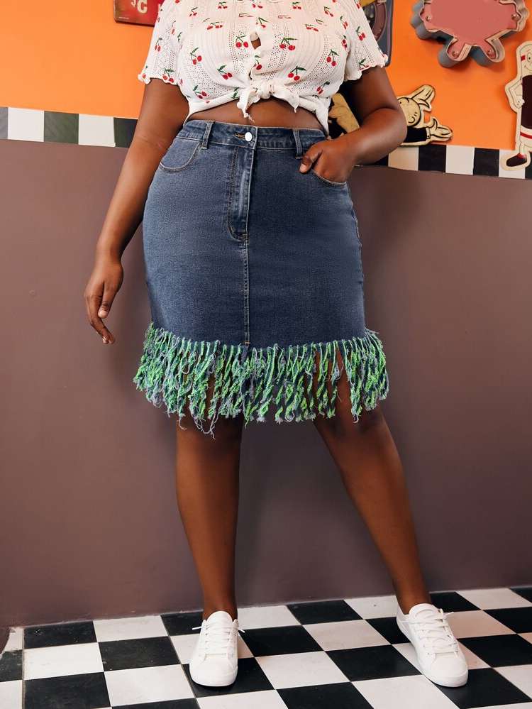 Knee Length Plain Button Plus Size Denim Skirts 5778