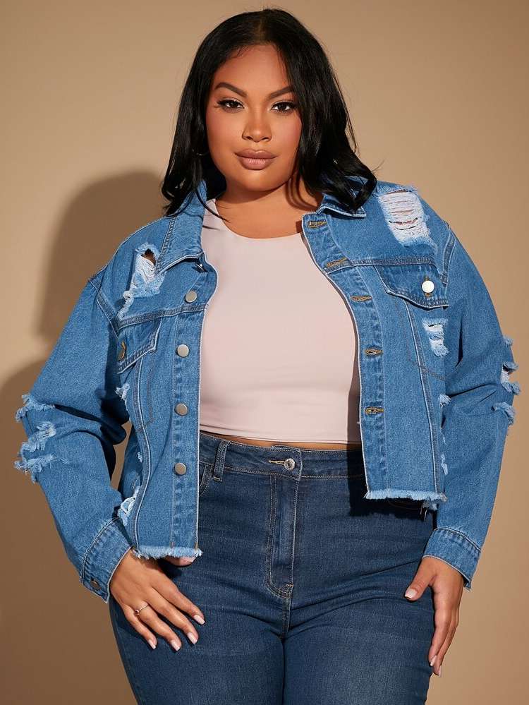  Plain Regular Long Sleeve Plus Size Denim Jackets 7592