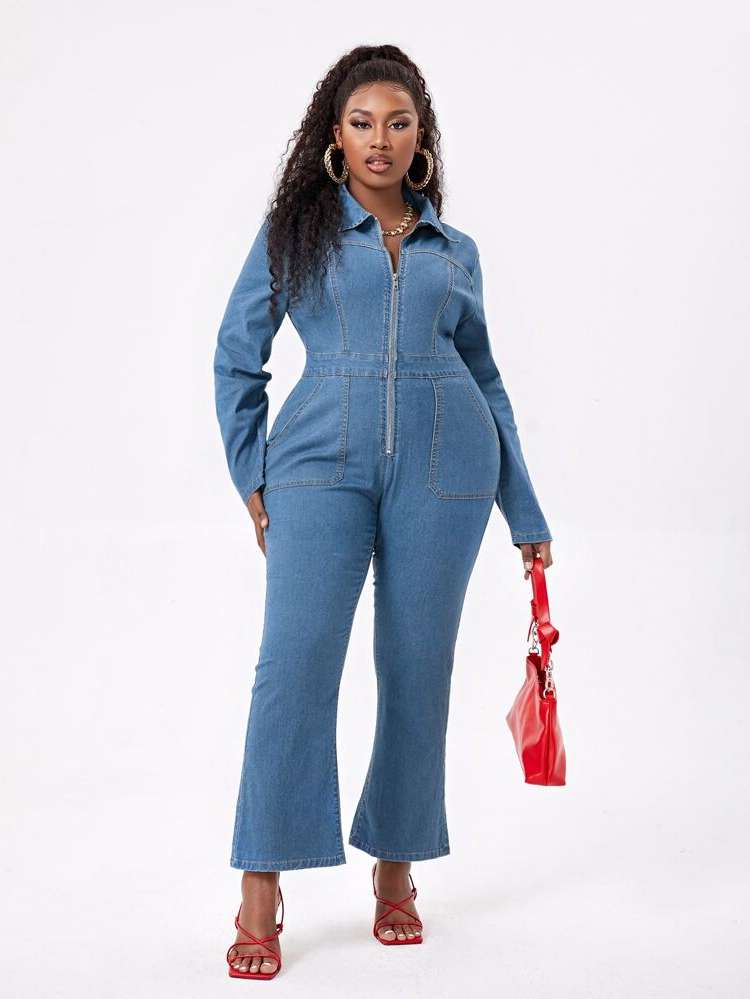 Long Collar Medium Wash Plus Size Denim 7122