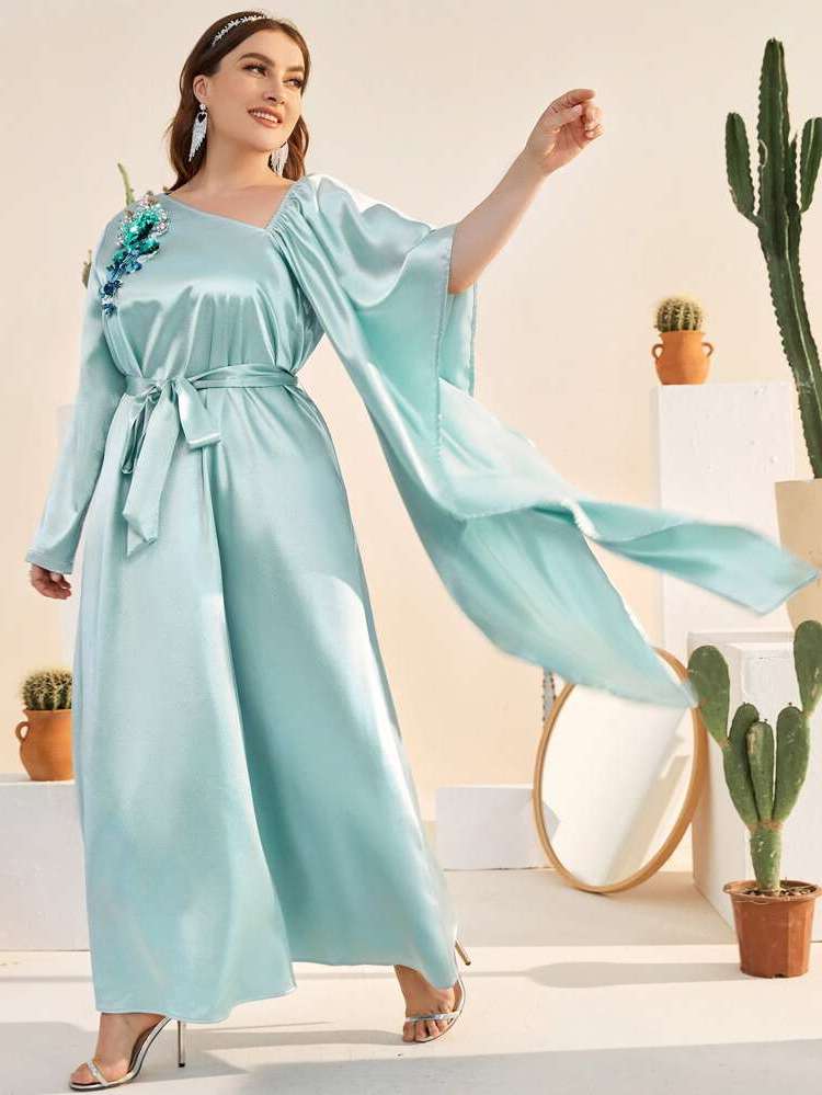 Belted Regular Fit Asymmetrical Neck Mint Blue Wedding  Special 4221