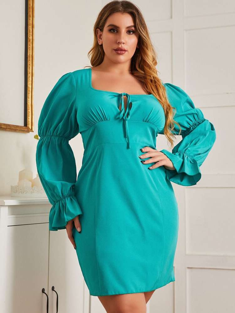 Long Sleeve Zipper Square Neck Plus Size Dresses 3765