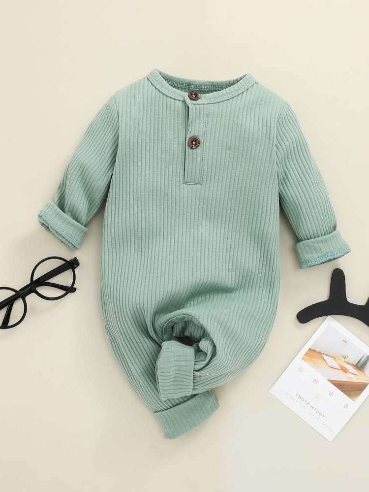 Round Neck Casual Long Sleeve Button Front Baby Clothing 3500