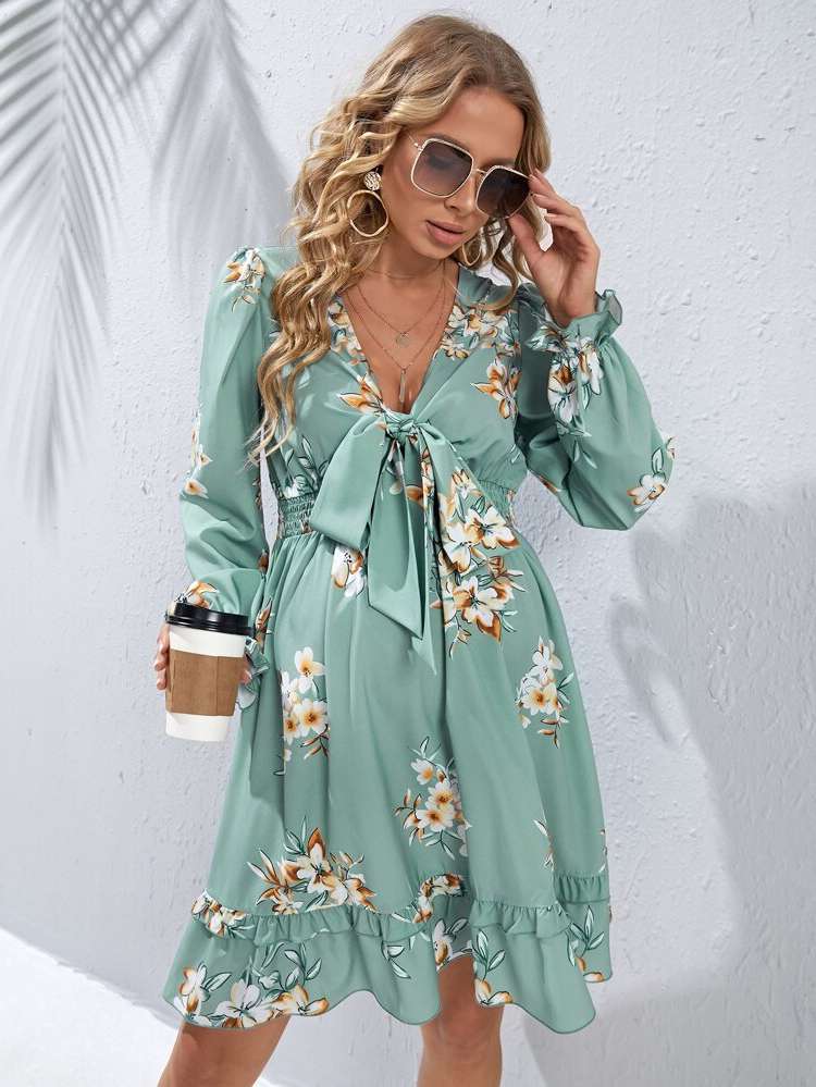 Floral V neck Regular Fit Mint Green Maternity Dresses 238