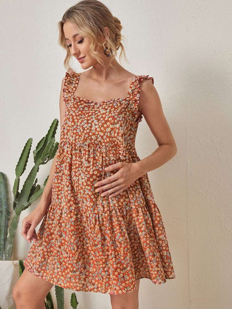 Boho Square Neck Regular Fit Ditsy Floral Maternity Dresses 112