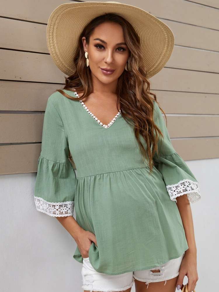  Mint Green Contrast Lace Three Quarter Length Sleeve Maternity Tops 1855