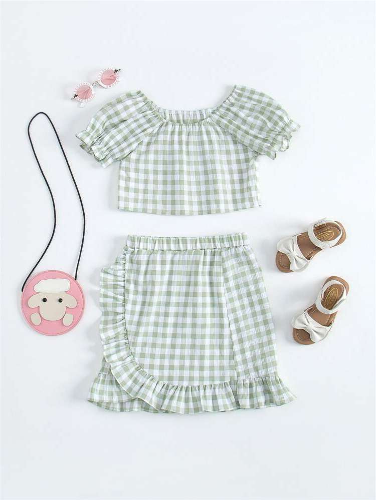 Round Neck Gingham Ruffle Girls Two-piece Outfits 171