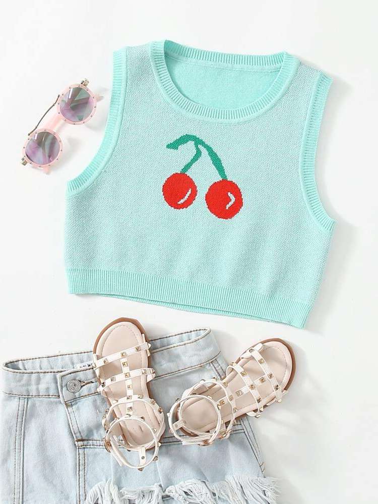 Round Neck Mint Green Fruit&Vegetable Girls Clothing 244