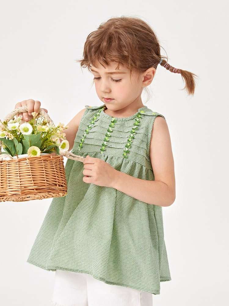 Mint Green Scoop Neck Gingham Toddler Girls Tops 232