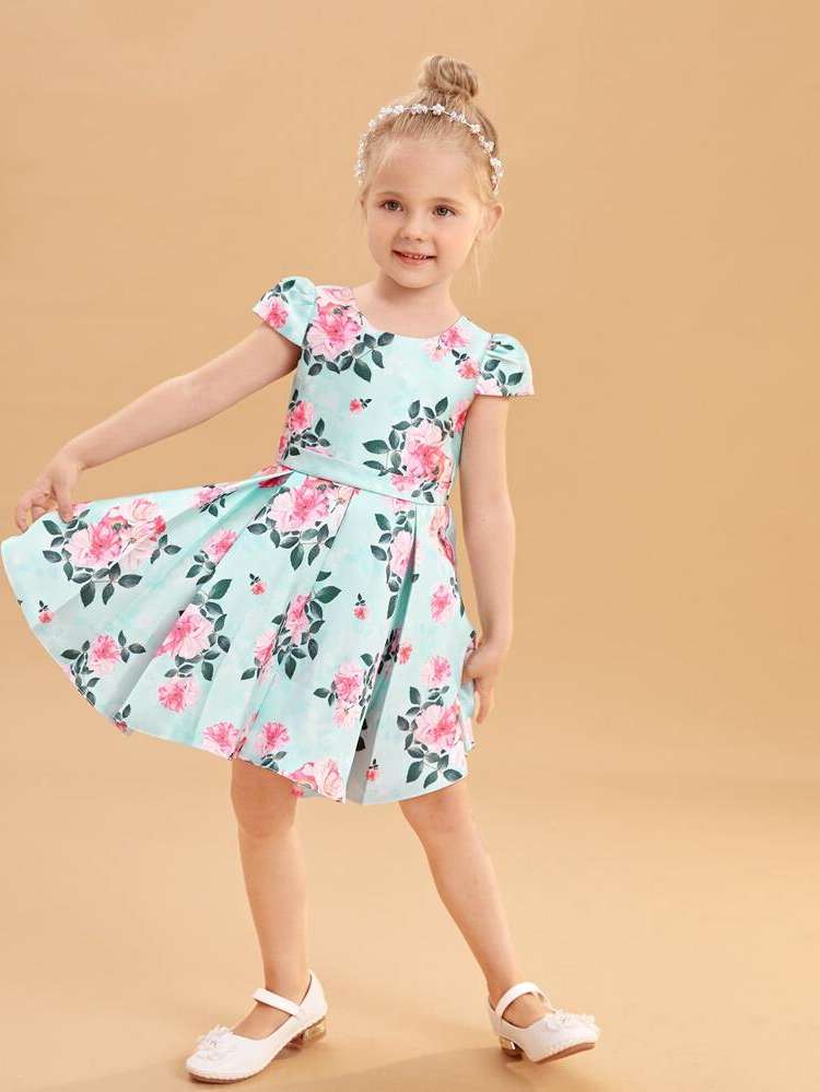 Zipper Mint Green Floral Round Neck Toddler Girl Partywear 181