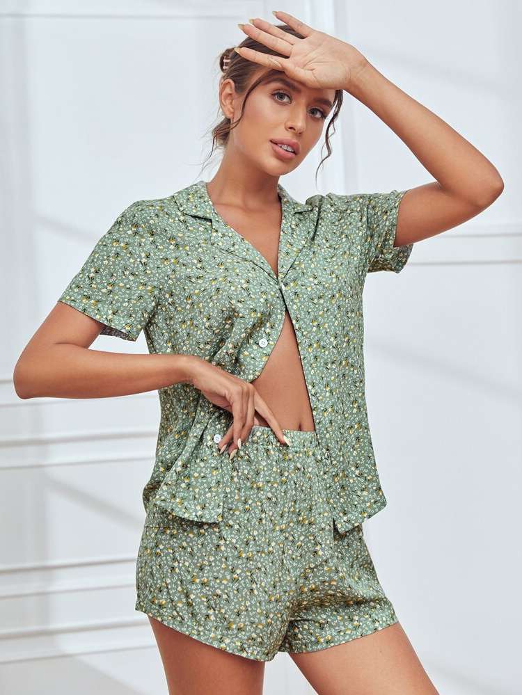 Short Sleeve Mint Green Lapel Women Sleep  Lounge 2252