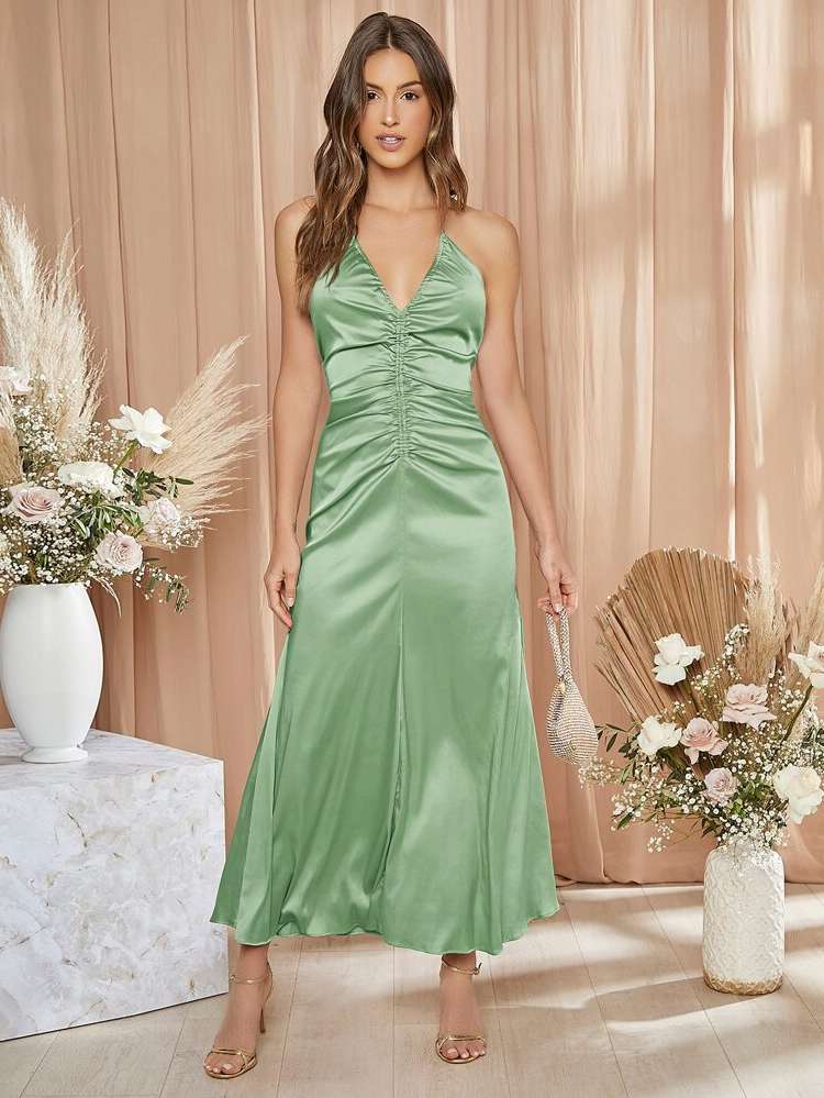 Backless Maxi Halter Plain Women Wedding Party Wear 2542