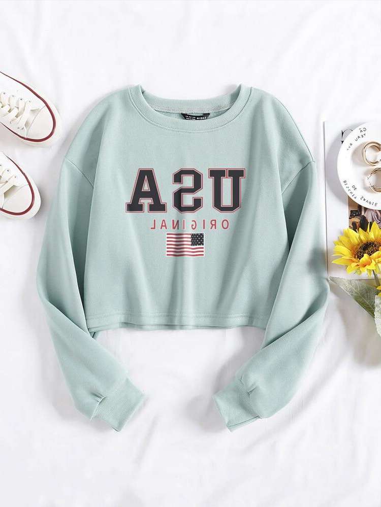 Letter Casual Long Sleeve Crop Women Clothing 5759