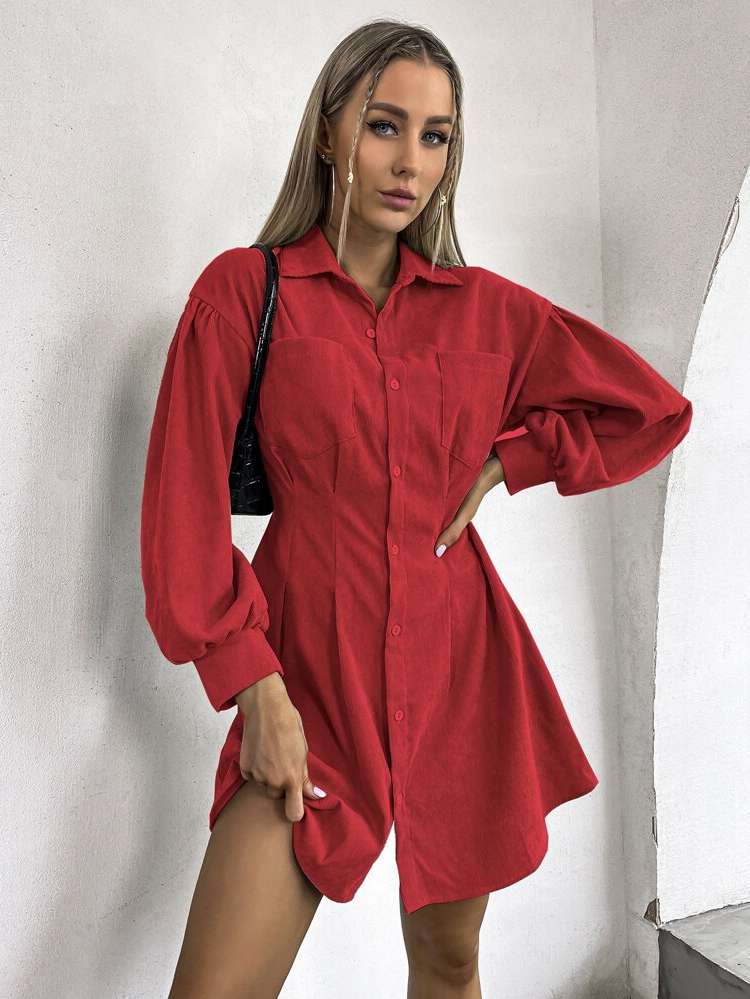 Pocket Casual Regular Fit Long Sleeve Women Dresses 3166