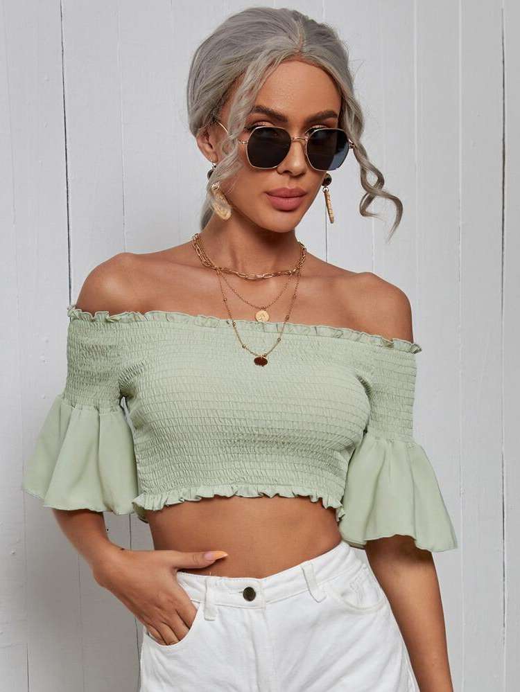 Half Sleeve Mint Green Crop Women Tops, Blouses  Tee 3132