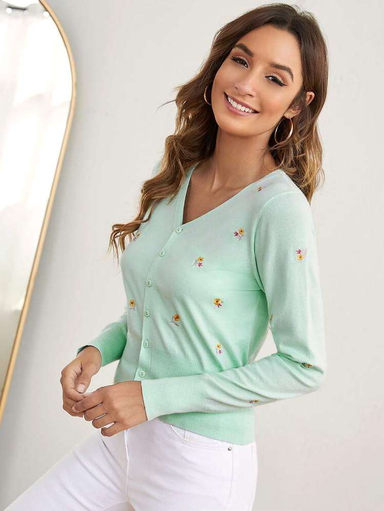 Mint Green V neck Regular Fit Casual Women Knitwear 179