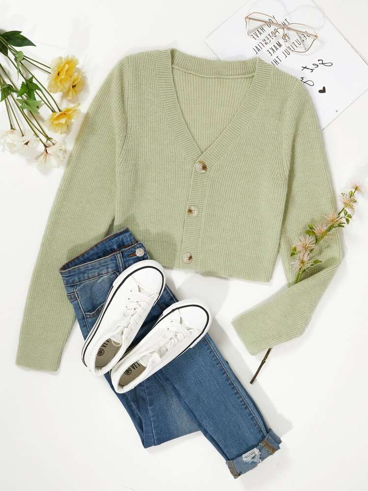 Long Sleeve Plain Crop Button Front Women Knitwear 291