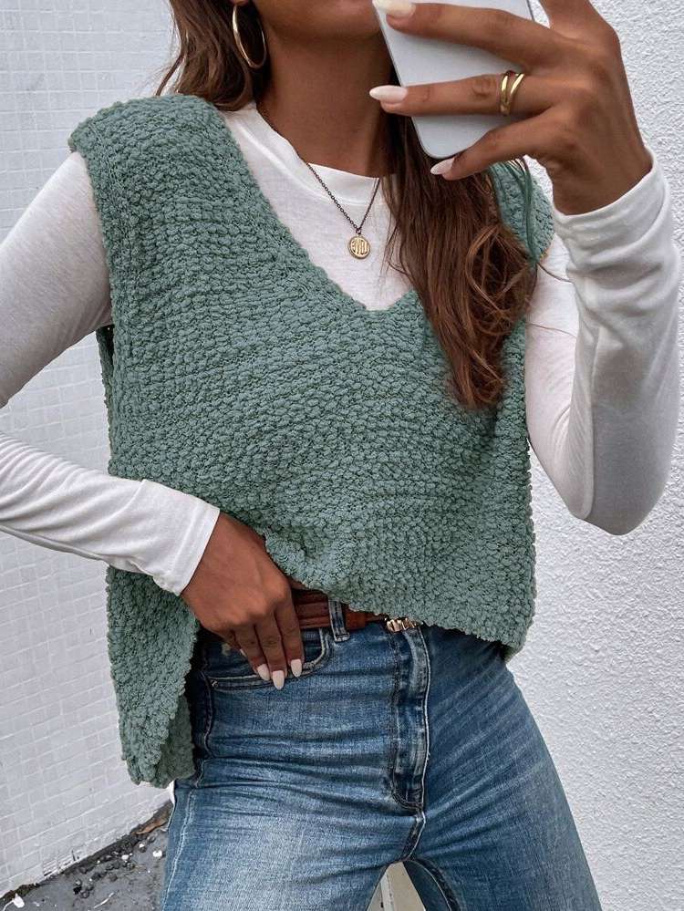  Casual Mint Green V neck Women Knitwear 453