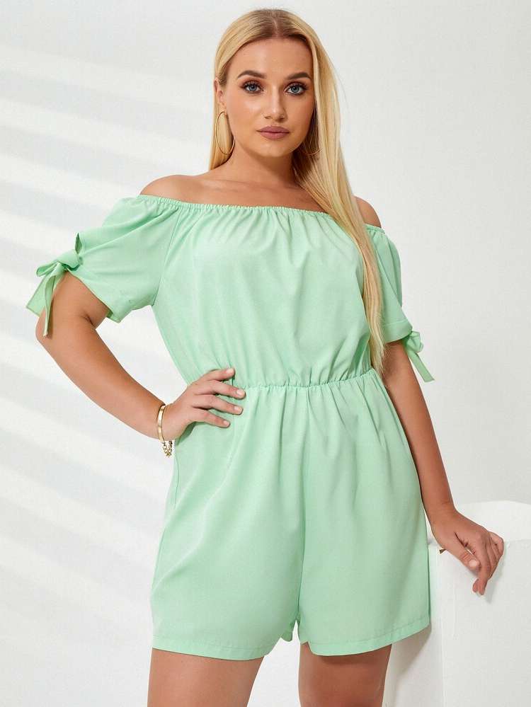 Mint Green Casual Short Off the Shoulder Plus Size Jumpsuits 534