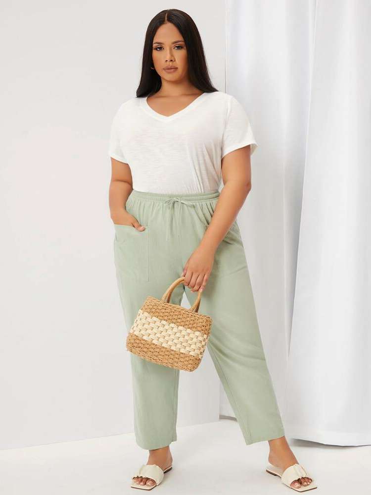 Mint Green Cropped Casual Plus Size Pants 9126