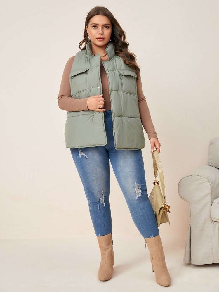  Sleeveless Mint Green High Neck Plus Size Winter Coats 989