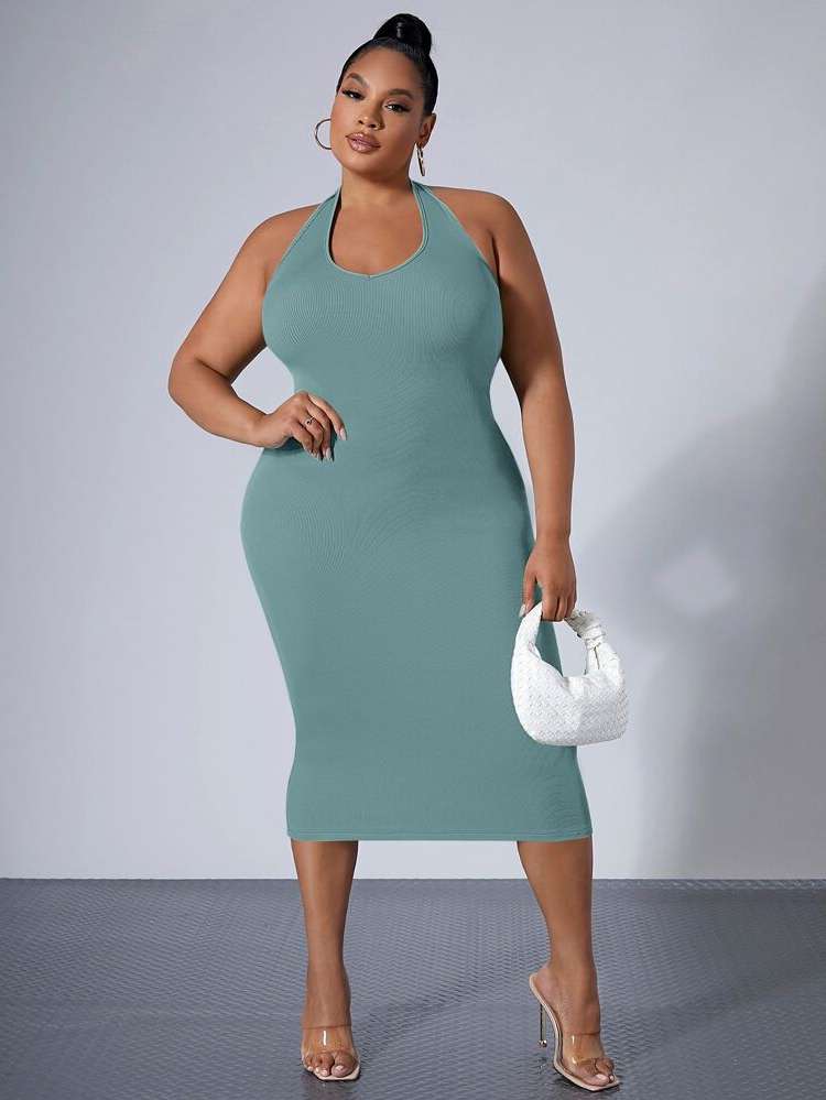  Halter Backless Plain Plus Size Dresses 356