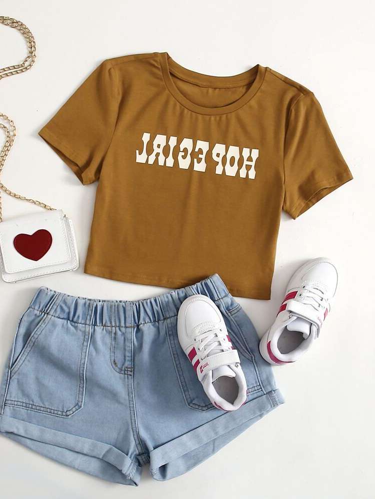  Mocha Brown Round Neck Crop Kids Clothing 487