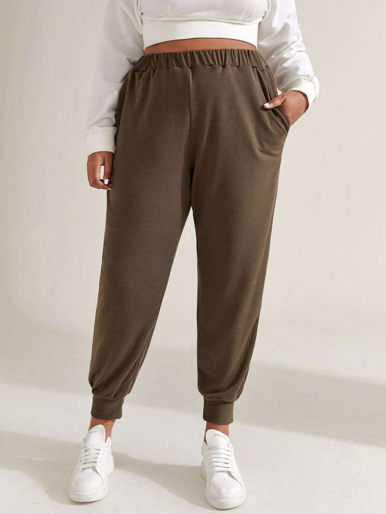 Pocket Mocha Brown Plain Plus Size Sports Leggings  Pants 7858