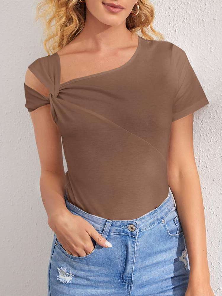  Short Sleeve Plain Asymmetrical Neck Women Tops, Blouses  Tee 458