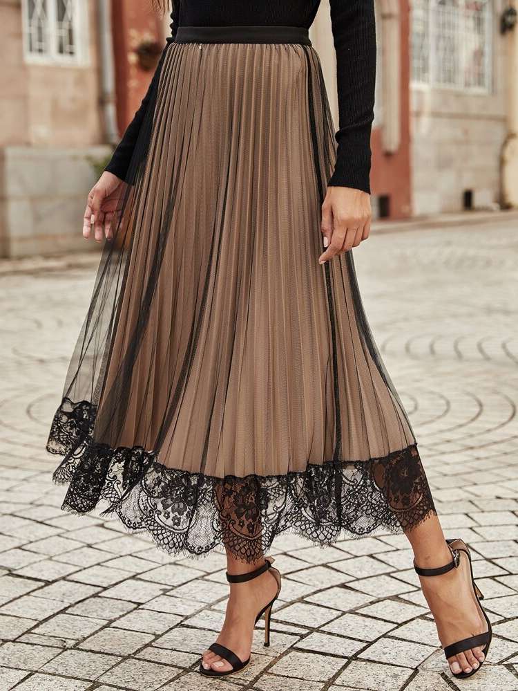  Mocha Brown Elegant Pleated Women Skirts 9279