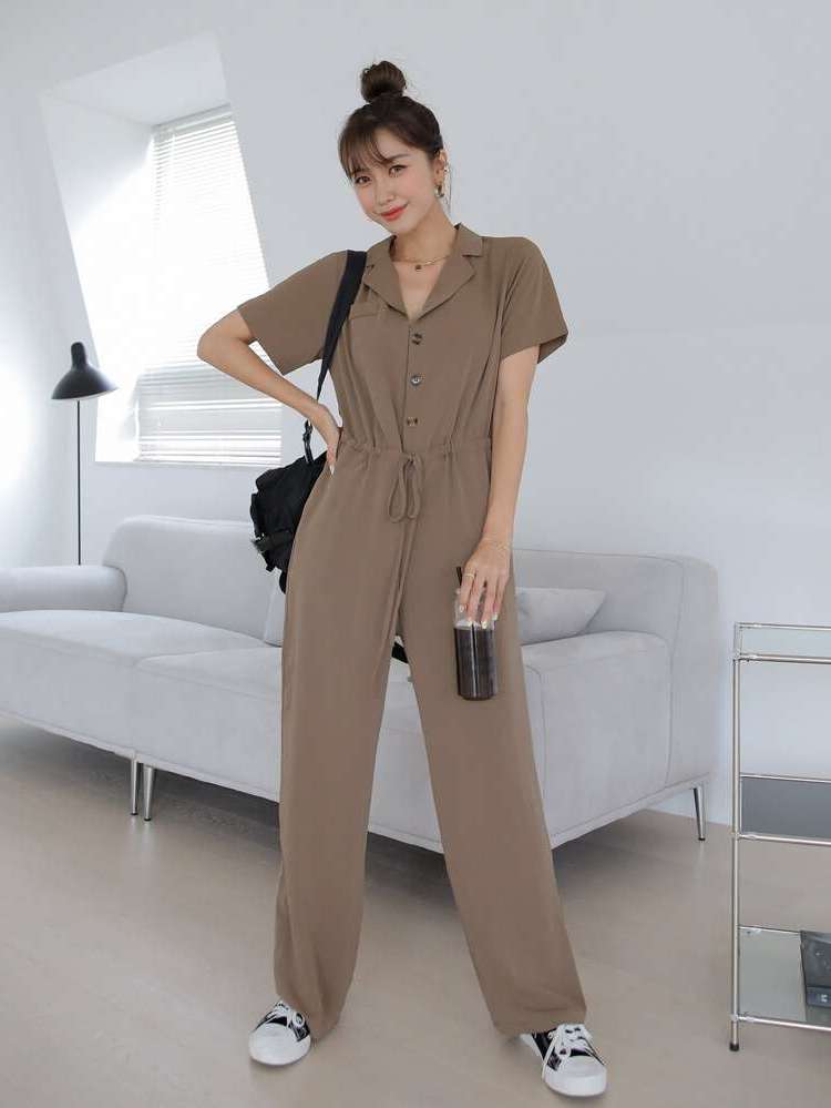  Lapel Long Mocha Brown Women Jumpsuits 463